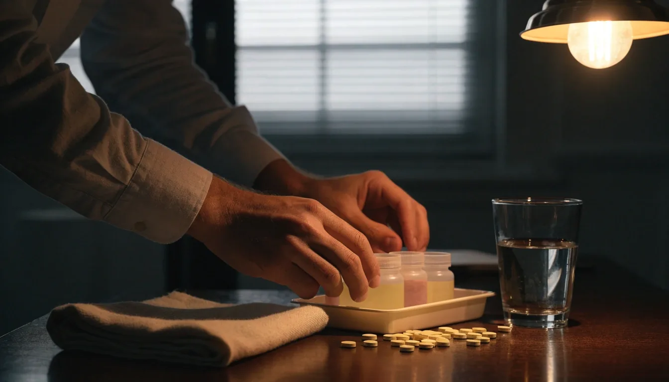 A man's hands sorting two blank index cards on a reading-room table lit by one warm lamp