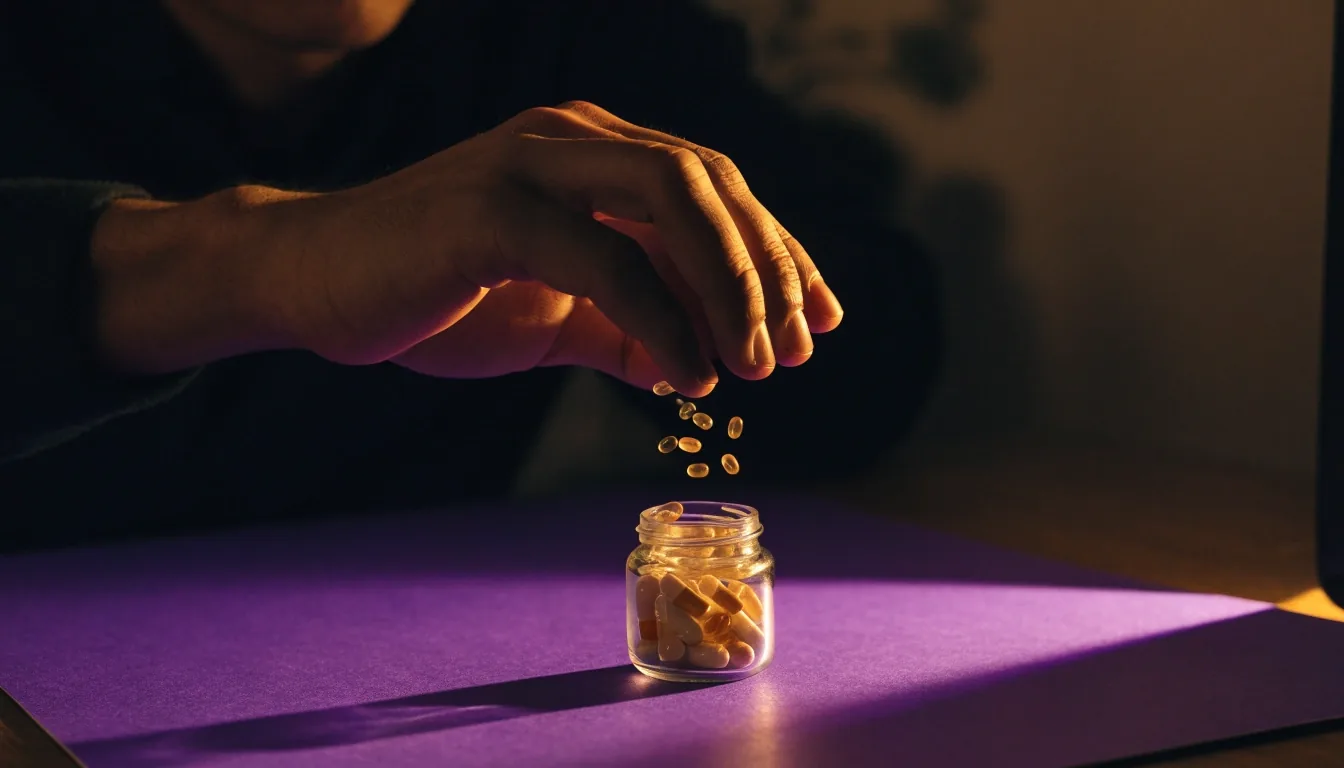 Unbranded capsules and softgels spilling across a matte card-stock surface under a warm light