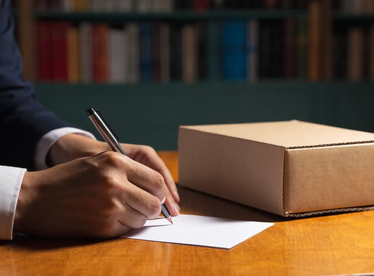 Hands writing correction notes on a blank card beside an unlabelled supplement box on a desk