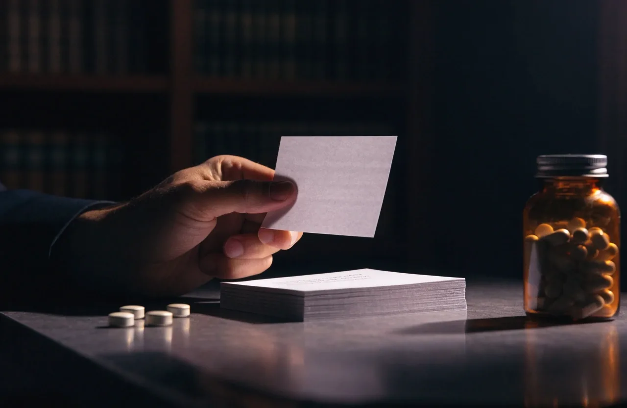 A hand holding one blank index card above a stack of blank cards on a reading-room desk
