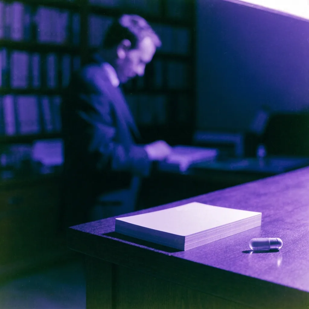 Blank index cards and a loose capsule on a violet-lit reading-room counter at 8am