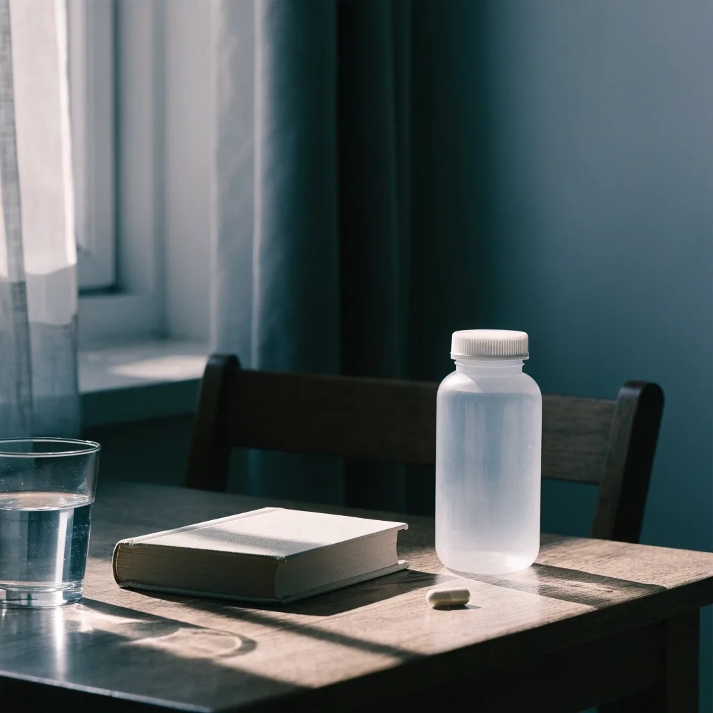 A violet-lit morning desk with a glass of water, a plain unlabelled bottle and one capsule ready before breakfast