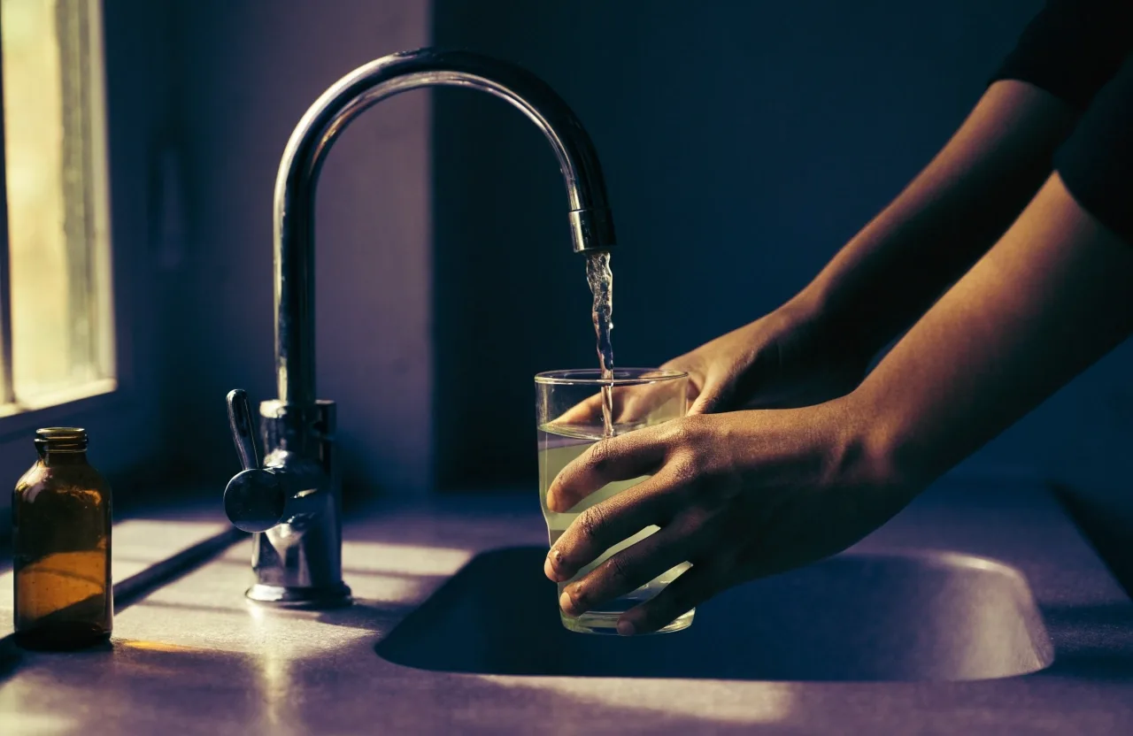 Hands in a morning kitchen filling a plain glass of water beside an unlabelled amber bottle