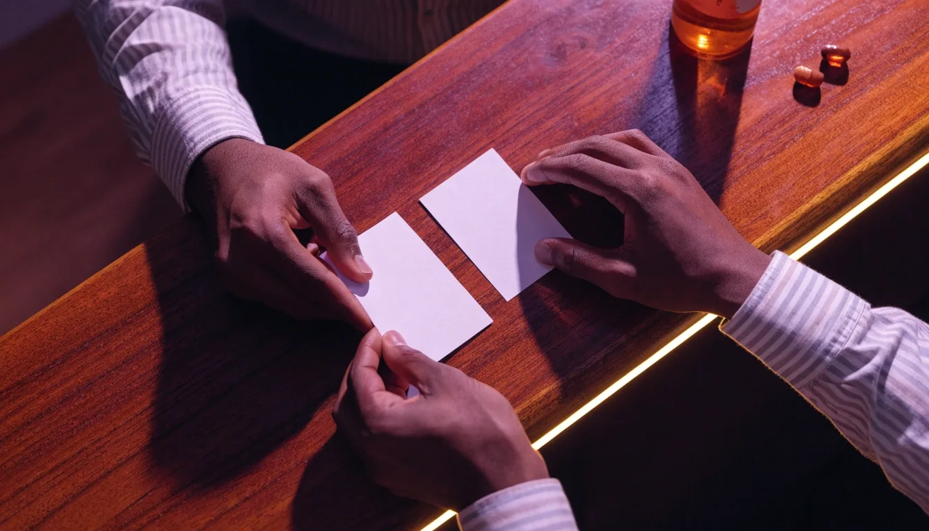 Hands lining up two blank comparison cards on a violet table under a warm lamp