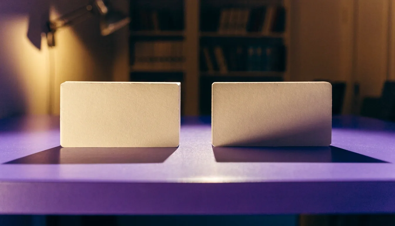 Two blank matte cards set side by side for comparison on a violet surface under warm lamp light