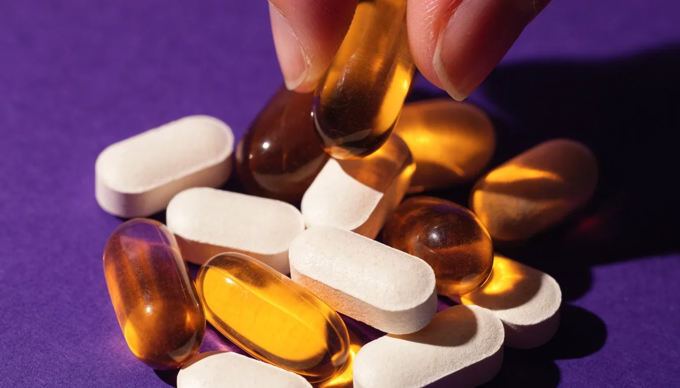 Softgel capsules and matte tablets spilling across a violet card-stock surface under warm lamp light