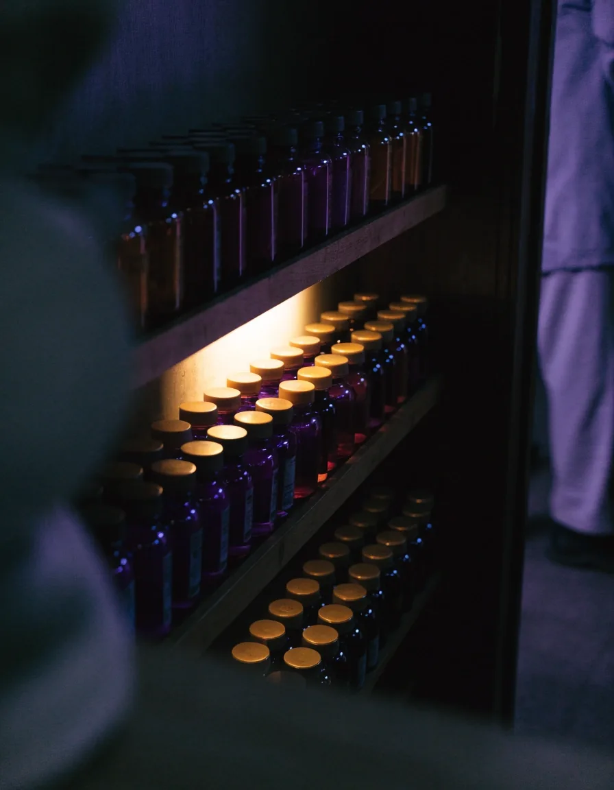 Unlabelled amber and violet glass bottles on a shelf under warm side light in a dim room
