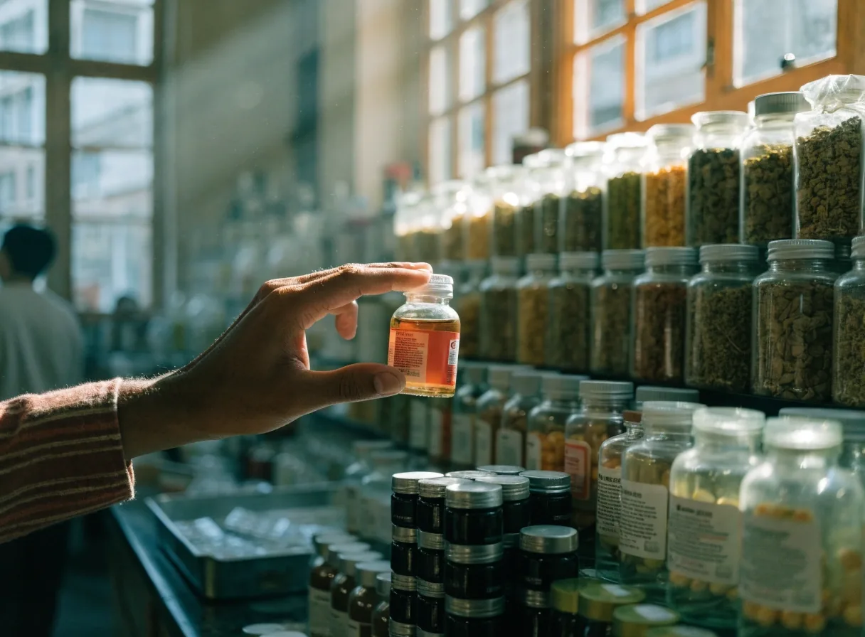 A pharmacy counter in morning light with a pharmacist's hands turning a plain paper bag beside a notebook and mug