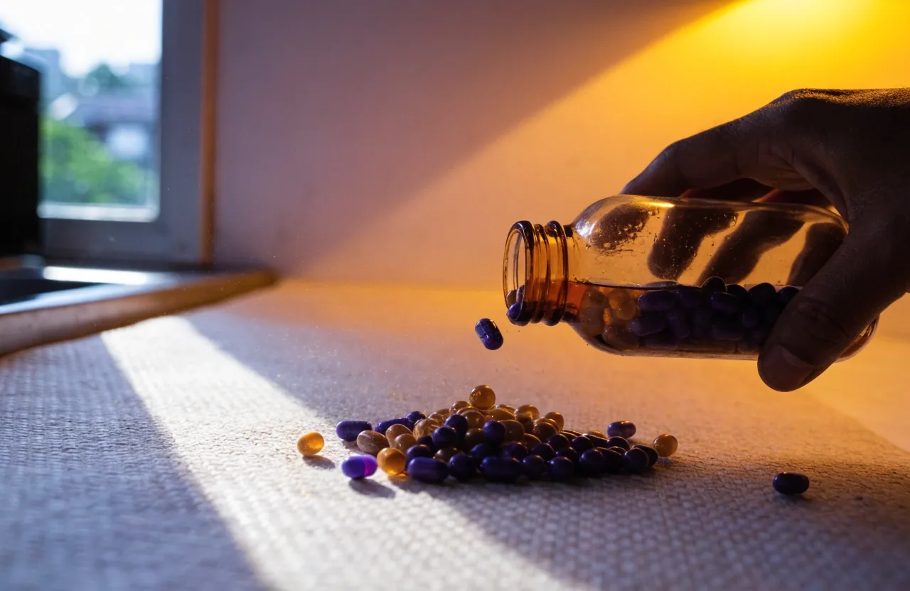 Blank capsules and an unlabelled bottle on a card-stock sheet under a warm morning lamp