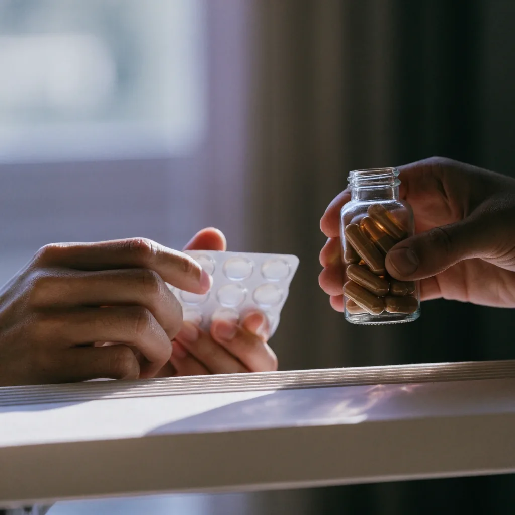 Hands holding a blank blister strip and an unlabelled bottle above a card-stock tray in morning light