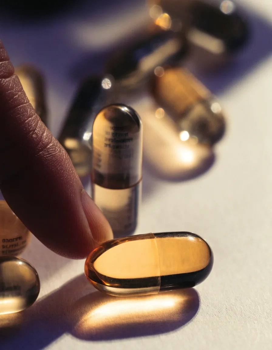 Macro view of supplement capsules and softgels resting on a matte surface